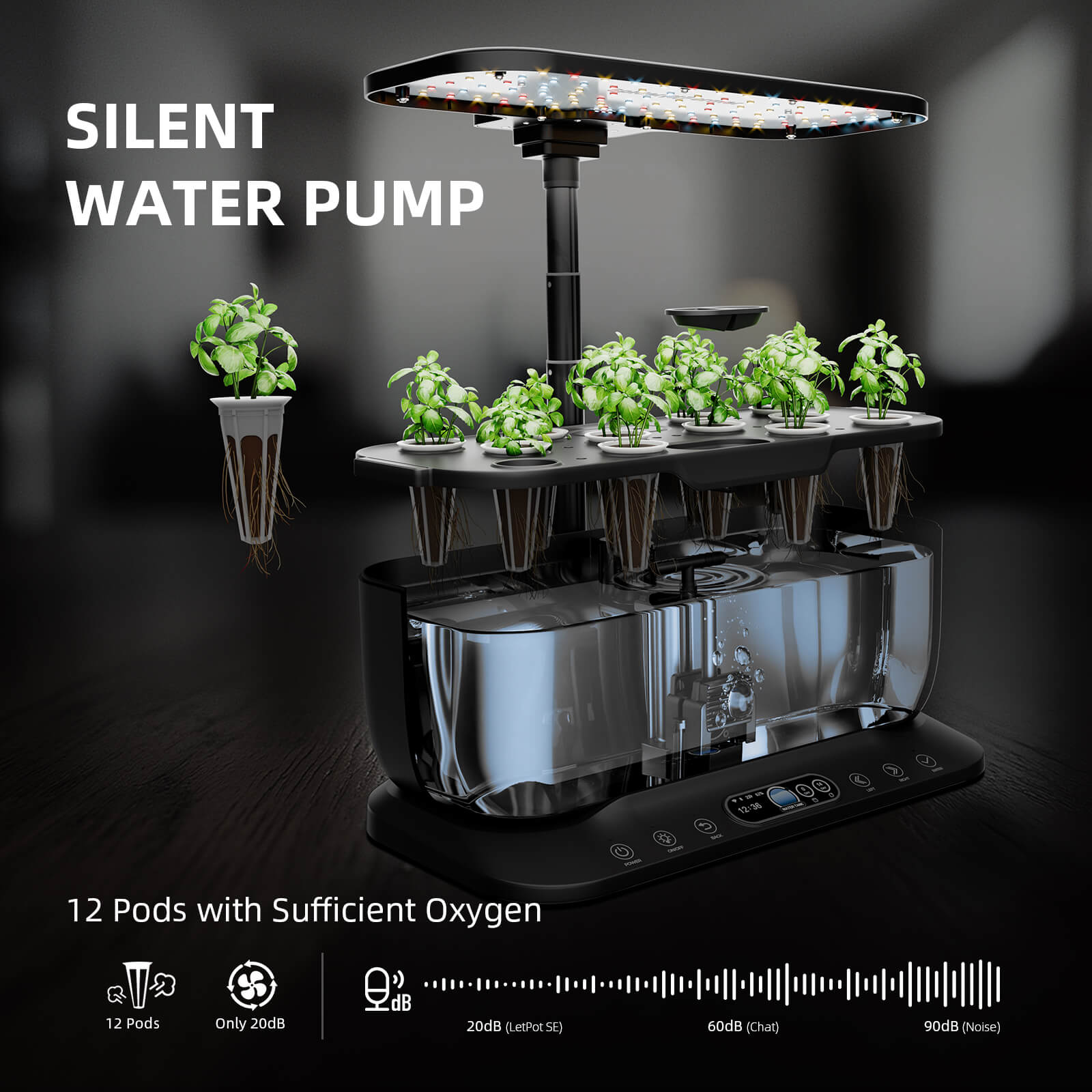 Spider Farmer SmartG12 Hydroponic Gardening System Kit, APP & Wifi Controlled, 36W LED Grow Light, 12 Pods Indoor Herb Garden, 6L Water Tank