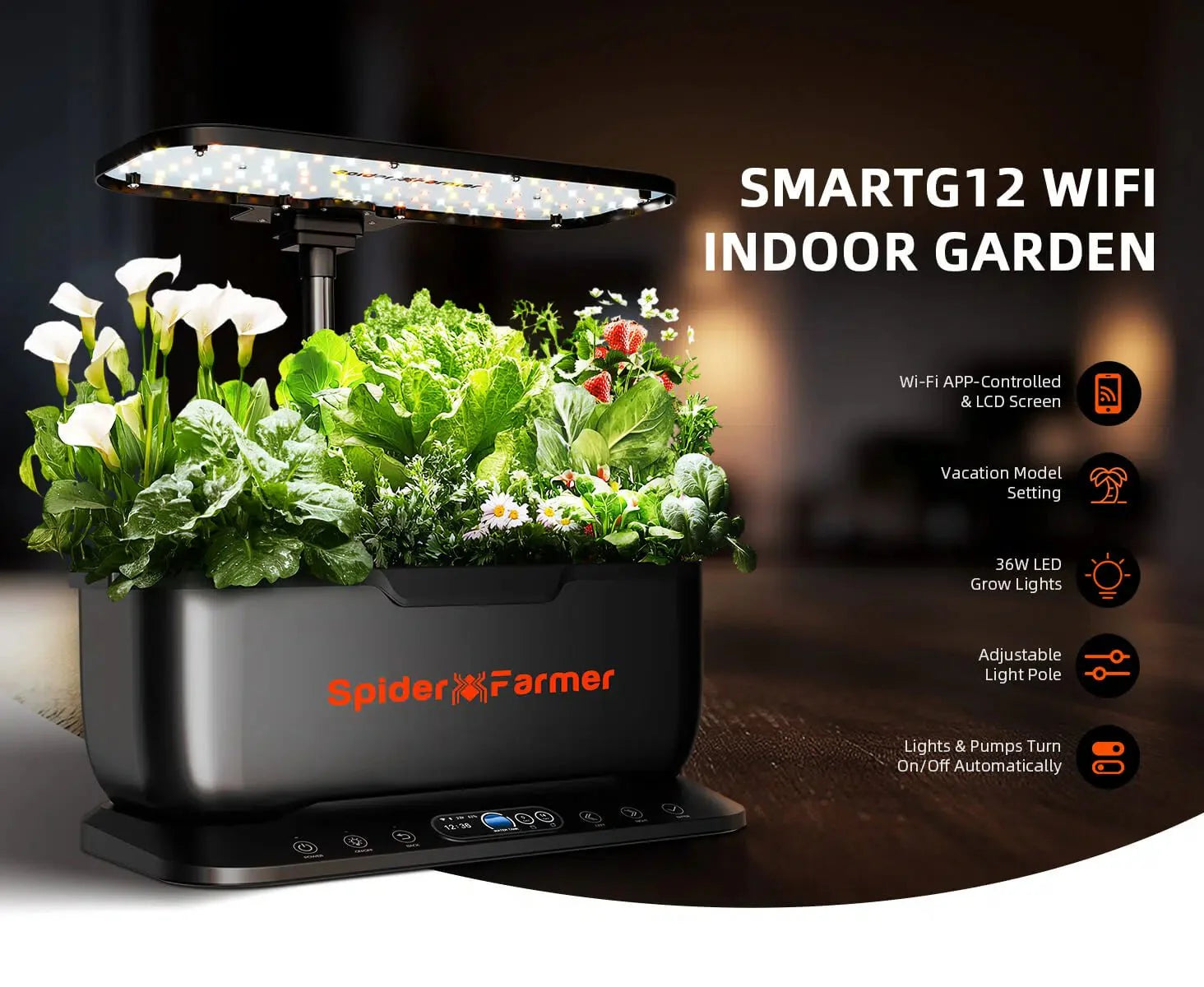 Spider Farmer SmartG12 Hydroponic Gardening System Kit, APP & Wifi Controlled, 36W LED Grow Light, 12 Pods Indoor Herb Garden, 6L Water Tank