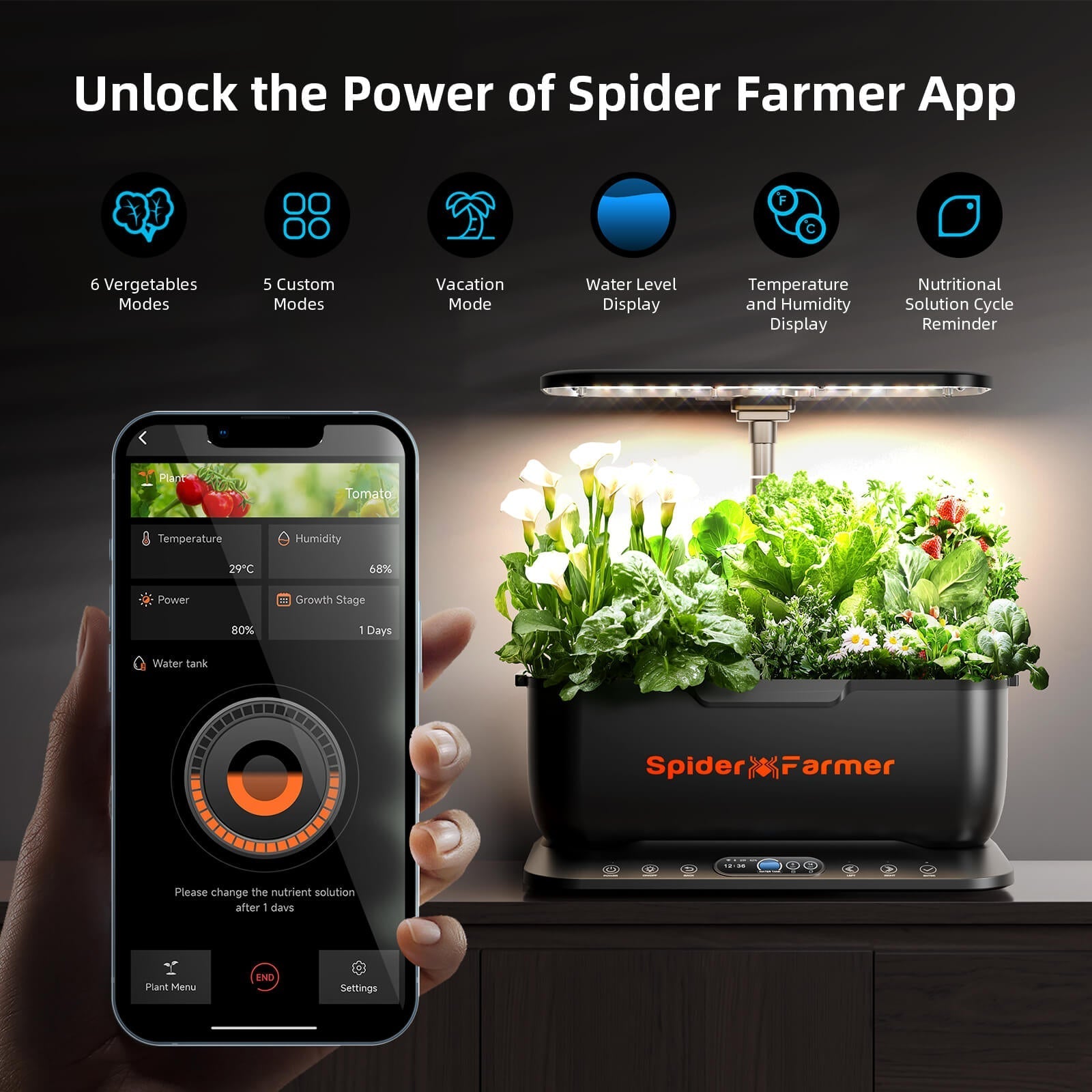 Spider Farmer SmartG12 Hydroponic Gardening System Kit, APP & Wifi Controlled, 36W LED Grow Light, 12 Pods Indoor Herb Garden, 6L Water Tank
