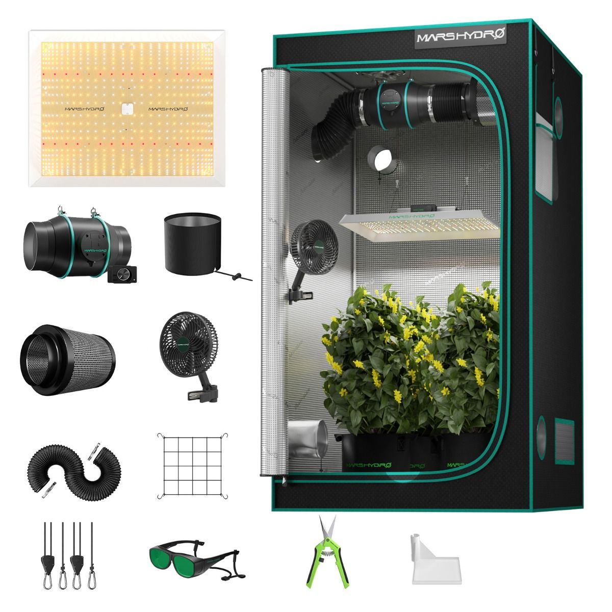 Mars Hydro TSW 2000 LED Grow Light + 4'X4'(48"x48"x80") Indoor Complete Grow Tent Kits - Front View